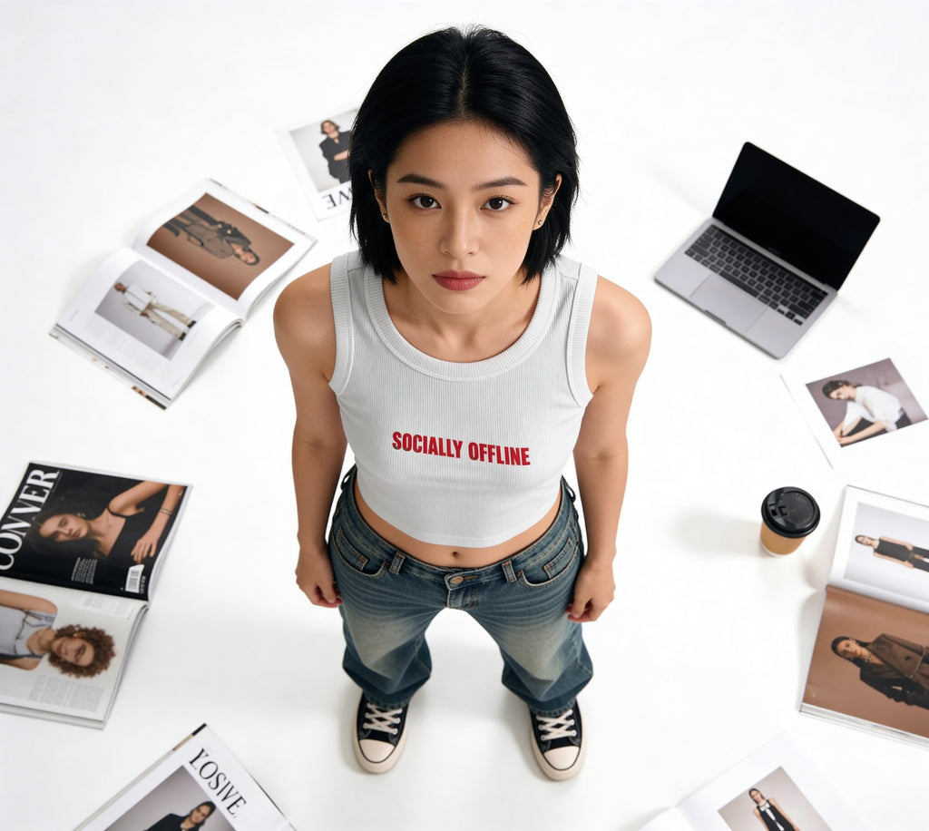 Person wearing a tank top with 'SOCIALLY OFFLINE' text, surrounded by magazines and a laptop.