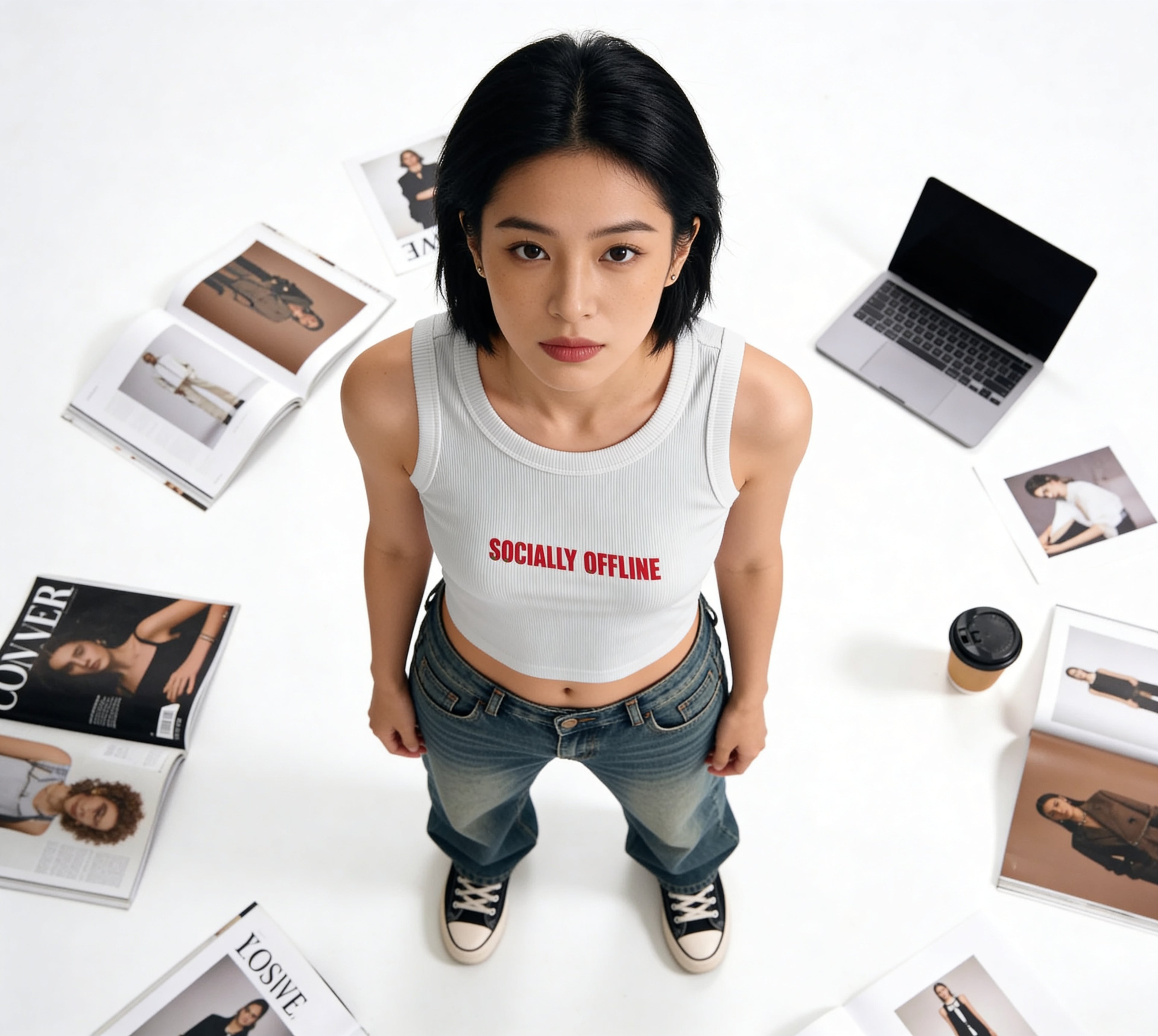Person wearing a tank top with 'SOCIALLY OFFLINE' text, surrounded by magazines and a laptop.